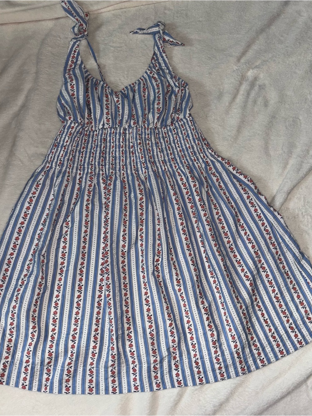 New Kacey Lee Blue & White Striped Floral Tie-Shoulder Dress